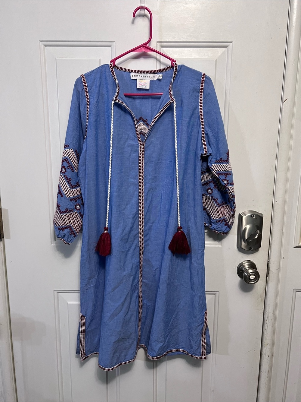 Gretchen Scott XL Blue Cotton Embroidered Dress Tassel V Neck Boho 100% Cotton